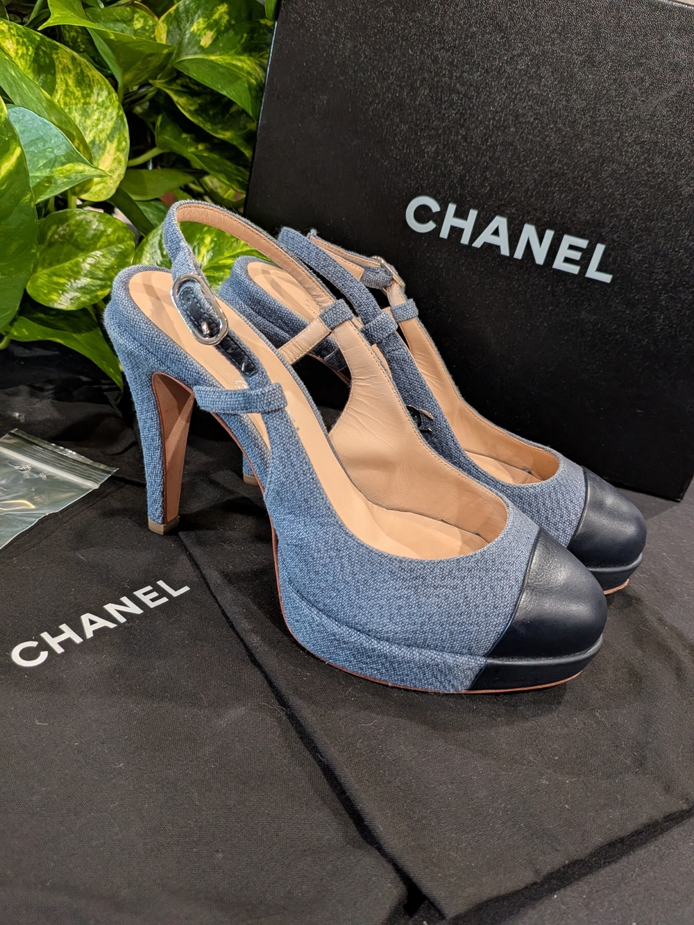 Chanel Blue Denim & Navy Cap-Toe Slingback Pumps